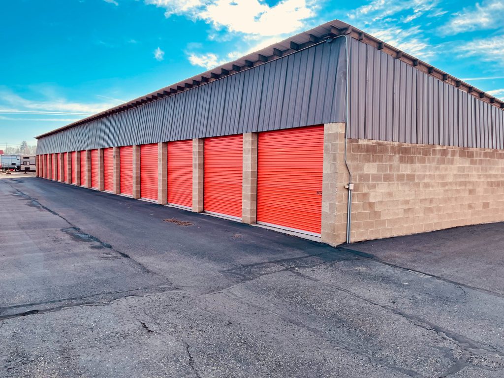 Storage unit with closed orange doors