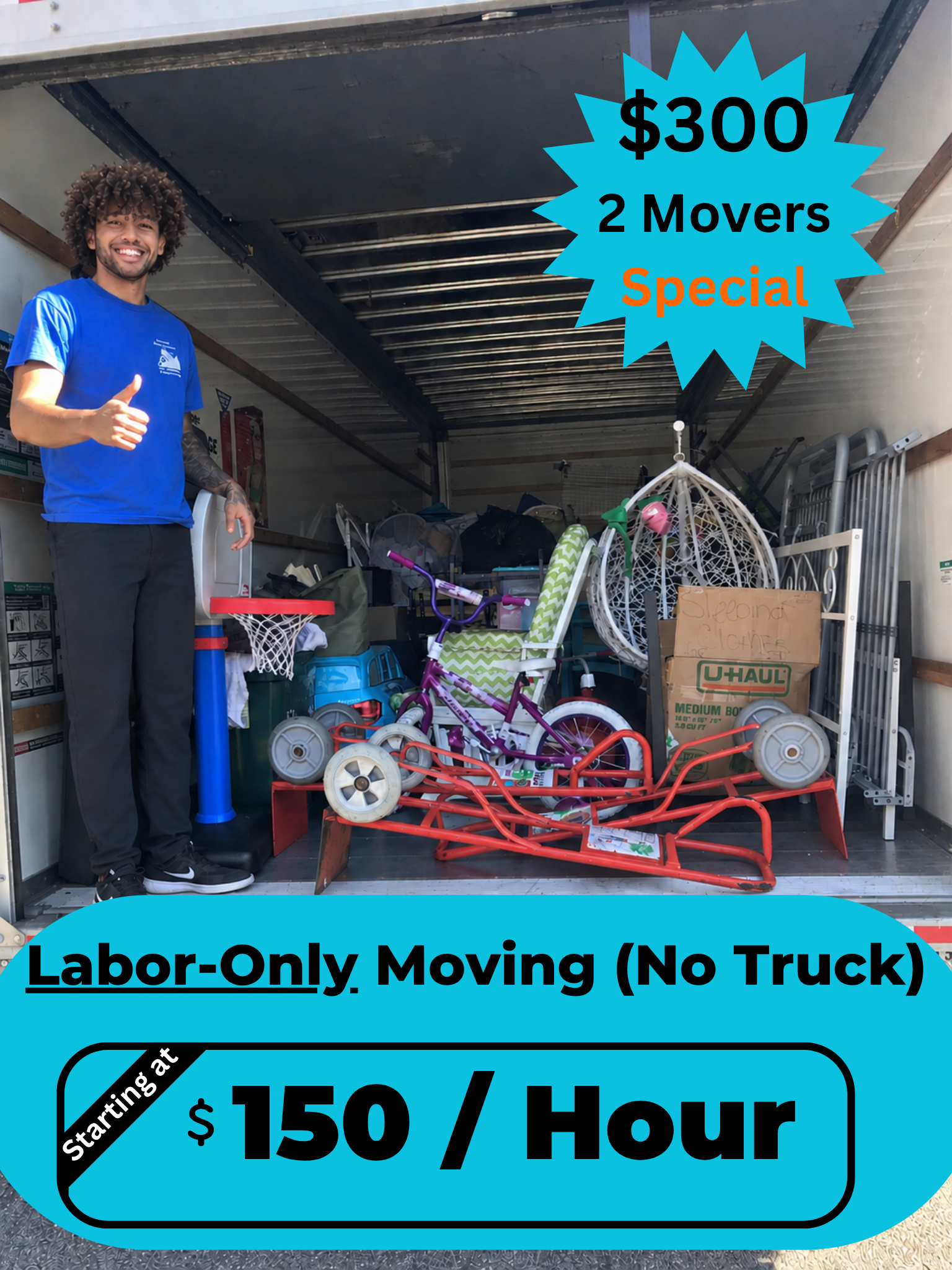 Mover in truck with loaded truck marketing rates of 150 an hour